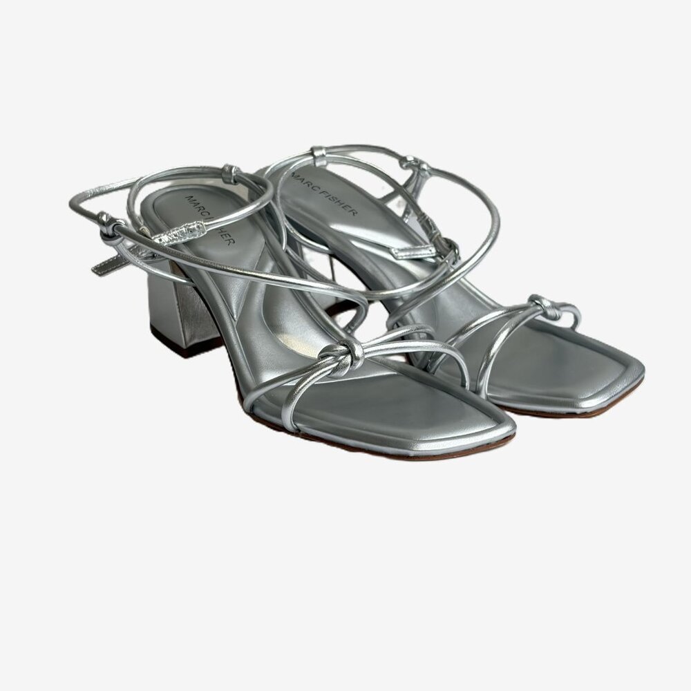 NWT Marc Fisher Gurion Silver Block Heel Sandals 9.5 Metallic Ankle Strap Party - Picture 8 of 13
